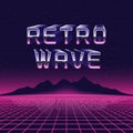 80s retro futuristic illustration. Retrowave concept, laser grid and mountains