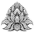 Vector sacred lotus illustration with boho ornament. Monochrome water lily with tribal decoration. Mystical picture