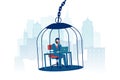 Vector of a sad business man working at desk inside a birdcage on a city background Royalty Free Stock Photo