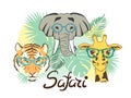 Vector Safari illustration with animals - elephant, tiger, giraffe