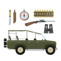 Vector safari travel compass, rifle, binoculars and jeep car.