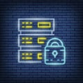 Vector safe server, data center, web hosting neon sign. Vector illustration in neon style.