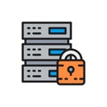 Vector safe server, protected data center, web hosting flat color line icon. Royalty Free Stock Photo