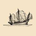 Vector sailing chinese junk ship in the sea in ink line style. Hand sketched sailing eastern boat. Royalty Free Stock Photo