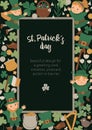 Vector Saint Patrick Day vertical layout frame with leprechaun, shamrock on black background. Irish holiday themed banner or Royalty Free Stock Photo