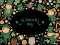 Vector Saint PatrickÃ¢â¬â¢s Day frame with leprechaun, shamrock isolated on black background. Irish holiday themed banner or Royalty Free Stock Photo