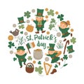 Vector Saint PatrickÃ¢â¬â¢s Day round frame with leprechaun, shamrock isolated on white background. Irish holiday themed banner or Royalty Free Stock Photo