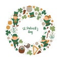 Vector Saint PatrickÃ¢â¬â¢s Day round frame with leprechaun, shamrock isolated on white background. Irish holiday themed banner or Royalty Free Stock Photo