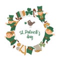 Vector Saint PatrickÃ¢â¬â¢s Day round frame with leprechaun, shamrock stickers isolated on white background. Irish holiday themed Royalty Free Stock Photo