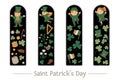 Vector Saint PatrickÃ¢â¬â¢s Day set of bookmarks for children. Cute leprechaun, fairy, shamrock on black background. holiday themed