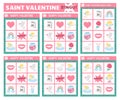 Vector Saint Valentine bingo cards set. Fun family lotto board game with cute cupid, heart, rose, swan, dove for kids. Love