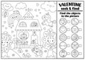 Vector Saint Valentine black and white searching game with house and kawaii character. Spot hidden objects coloring page. Simple