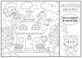 Vector Saint Valentine black and white searching game with house and kawaii characters. Spot hidden object. Simple love holiday