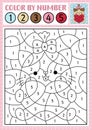 Vector Saint Valentine color by number activity with cute kawaii cat holding heart. Love holiday scene. Black and white counting