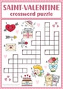 Vector Saint Valentine crossword puzzle for kids. Love holiday quiz for children. Educational activity with kawaii symbols. Cute