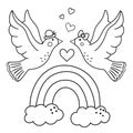 Vector Saint Valentine day black and white background with cute doves and rainbow. Funny scene with two enamored birds. Funny