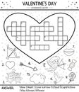 Vector Saint Valentine day black and white crossword puzzle for kids. Simple heart shaped quiz with holiday objects or coloring
