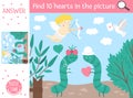 Vector Saint Valentine day searching game with cute caterpillars in the garden. Find hidden hearts in the picture. Simple fun