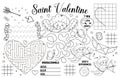 Vector Saint Valentine placemat for kids. Love holiday printable activity mat with maze, tic tac toe charts, connect the dots,