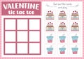 Vector Saint Valentine tic tac toe chart with cake and drink with hearts. Kawaii board game playing field with cute characters.