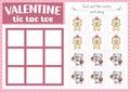 Vector Saint Valentine tic tac toe chart with cat couple. Kawaii board game playing field with cute characters. Funny love holiday Royalty Free Stock Photo
