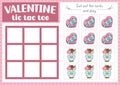 Vector Saint Valentine tic tac toe chart with flower bouquet and sweet box. Kawaii board game playing field with cute characters.