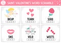 Vector Saint Valentine word scramble activity page. English language game with cupid, heart, rose, loving pair for kids. Love
