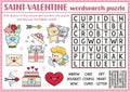 Vector Saint Valentine word search puzzle for kids. Love holiday quiz for children. Educational activity with kawaii symbols. Cute