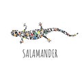 Vector salamander in graphic style. Mosaic style lizard made of black and colored pieces.