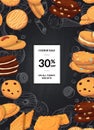Vector sale background with cartoon cookies on black chalkboard with place for text