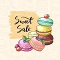 Vector sale background with colored hand drawn macaroons for pastry shop Royalty Free Stock Photo