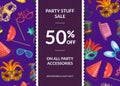 Vector sale background with masks and party accessories,