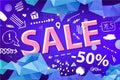 Vector sale banner, poster with hand drawn doodle elements. 3d origami facet shapes promo posters