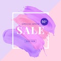 Vector sale banner with text on lipstick stokes background.