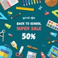 Vector sale poster, set of randomly arranged school supplies flat