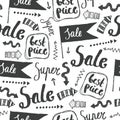 Vector sale seamless doodle pattern. Best price, promotion. discount lettering background.