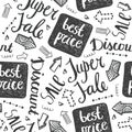 Vector sale seamless doodle pattern. Best price, promotion. discount lettering background.