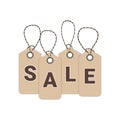 Vector sale tag with realistic and attractive color hanging with string in white background for store promotion. Vector Royalty Free Stock Photo