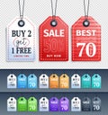 Vector Sale Tags Design Collection Hanging with Different Colors for Store Promotions in transparent Background. Vector Royalty Free Stock Photo