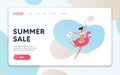 Vector sale woman person banner template. Beach theme. Modern style flat happy female character in swimsuit a bag on fluid shape