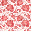 Vector Salmon Pink and Yellow Decorative Roses and Leaves Seamless Repeat Pattern Background. Great for handmade cards