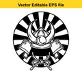 vector samurai helmet logo with swords and sunburst pattern in black and white Royalty Free Stock Photo