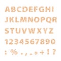 Vector sand font. Latin alphabet from A to Z, numbers and punctuation