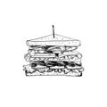 Vector Sandwich with Toothpick Sketch, Hand Drawn Illustration, Outline Black Drawing Isolated. Royalty Free Stock Photo