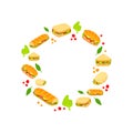 Vector sandwiches circle frame, greens isolated on white background, fast food.