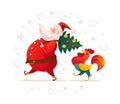 Vector santa and funny rooster characters portrait on white background.