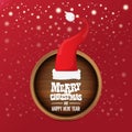 Vector red Santa hat with circle wooden board sign and greeting merry christmas text on red background. vector merry Royalty Free Stock Photo