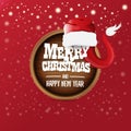 Vector red Santa hat with circle wooden board sign and greeting merry christmas text on red background. vector merry Royalty Free Stock Photo