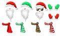 Vector Santas hats, beards and mustaches mask collection isolated on white. xmas holiday funny costume of Santa Claus in Royalty Free Stock Photo