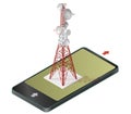 Vector satellite tower in mobile phone, transmission isometric tower.